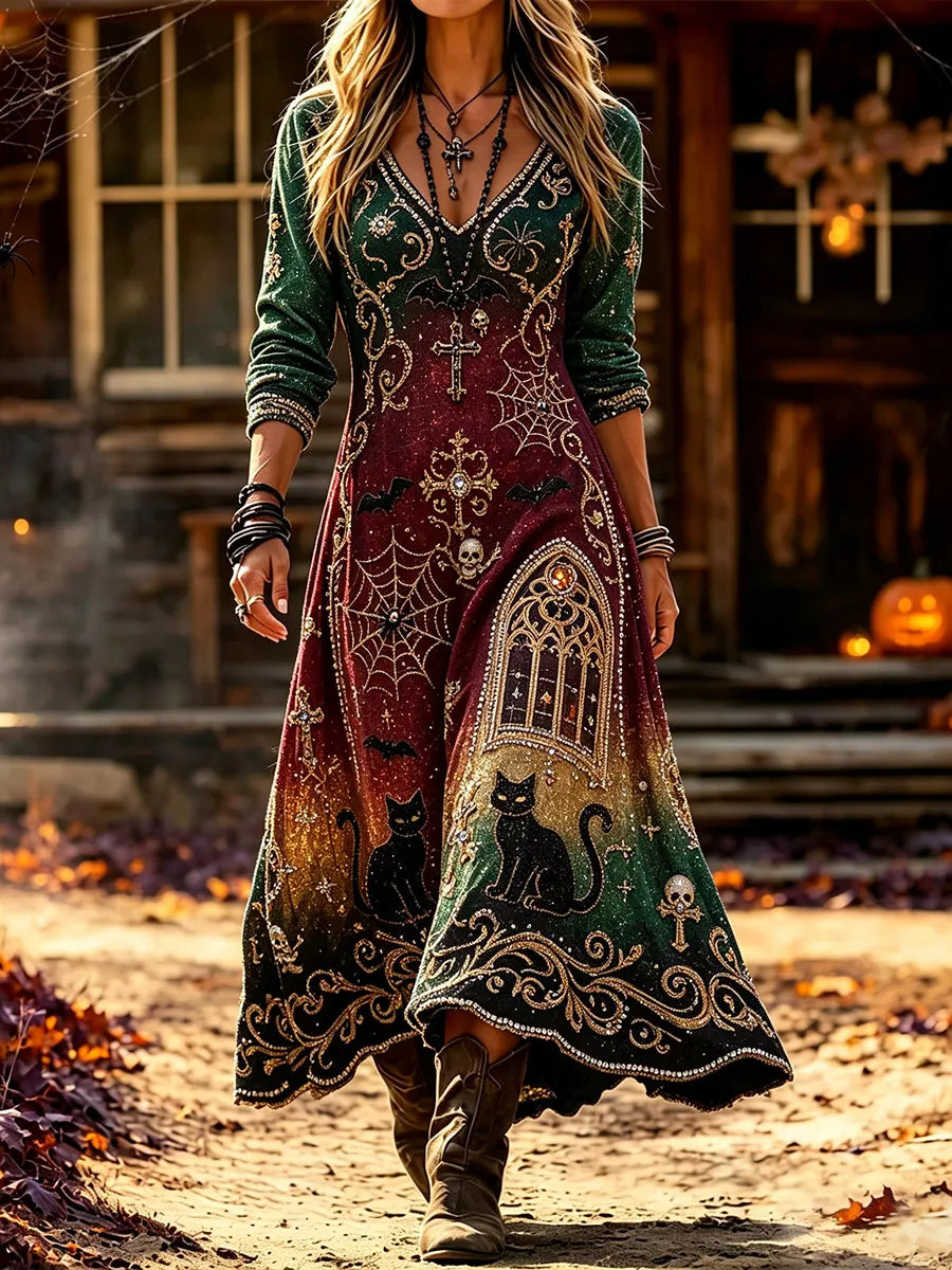 Women's Vintage Halloween Art Print Casual Dress