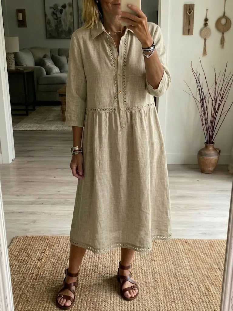 Casual Patchwork Openwork Ribbon Linen And Cotton Dress