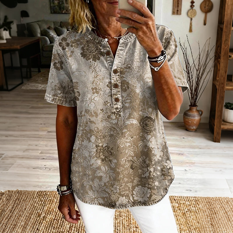 Women's Vintage Floral Art Print Casual Short-sleeve Shirt