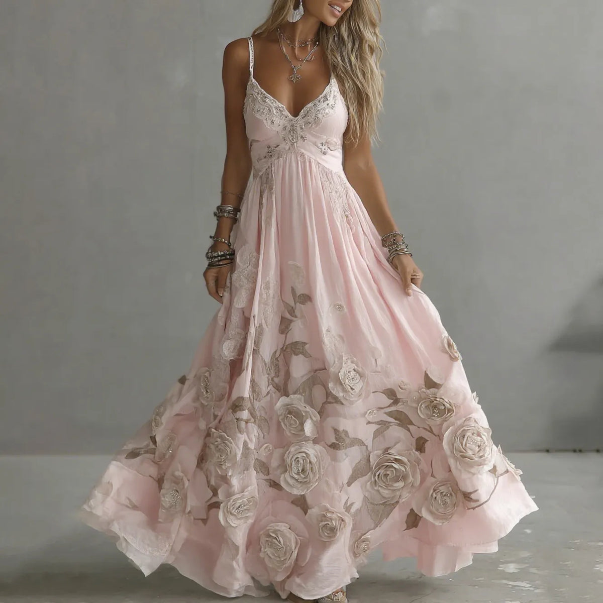 Women's Vintage Rose Embroidery Art V-neck Suspender Maxi Dress