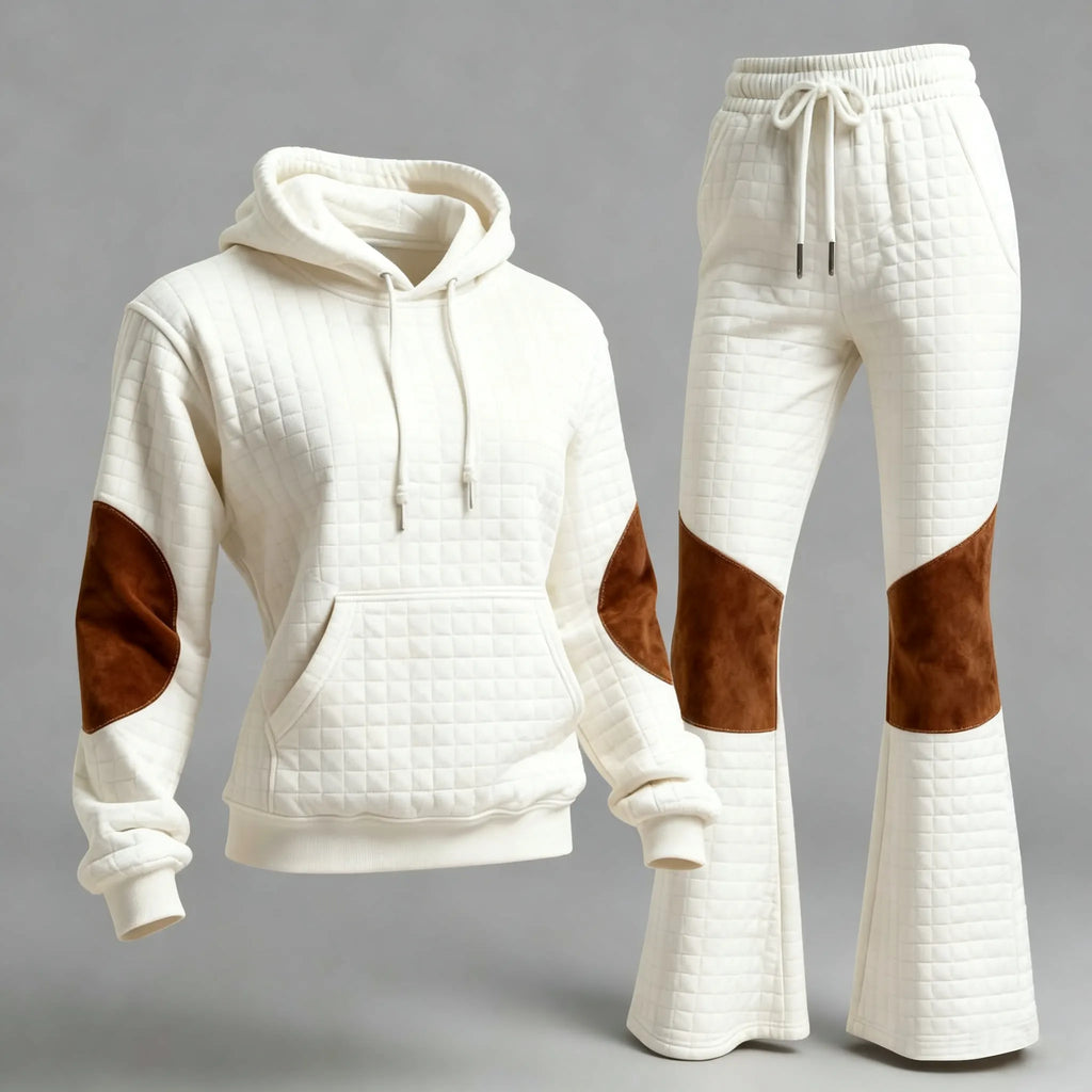 Women's Vintage White Quilted Plaid Waffle Brown Suede Pocket Sweat Suit