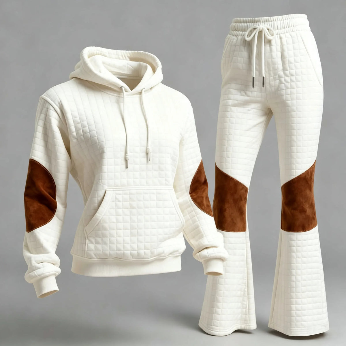 Women's Vintage White Quilted Plaid Waffle Brown Suede Pocket Sweat Suit