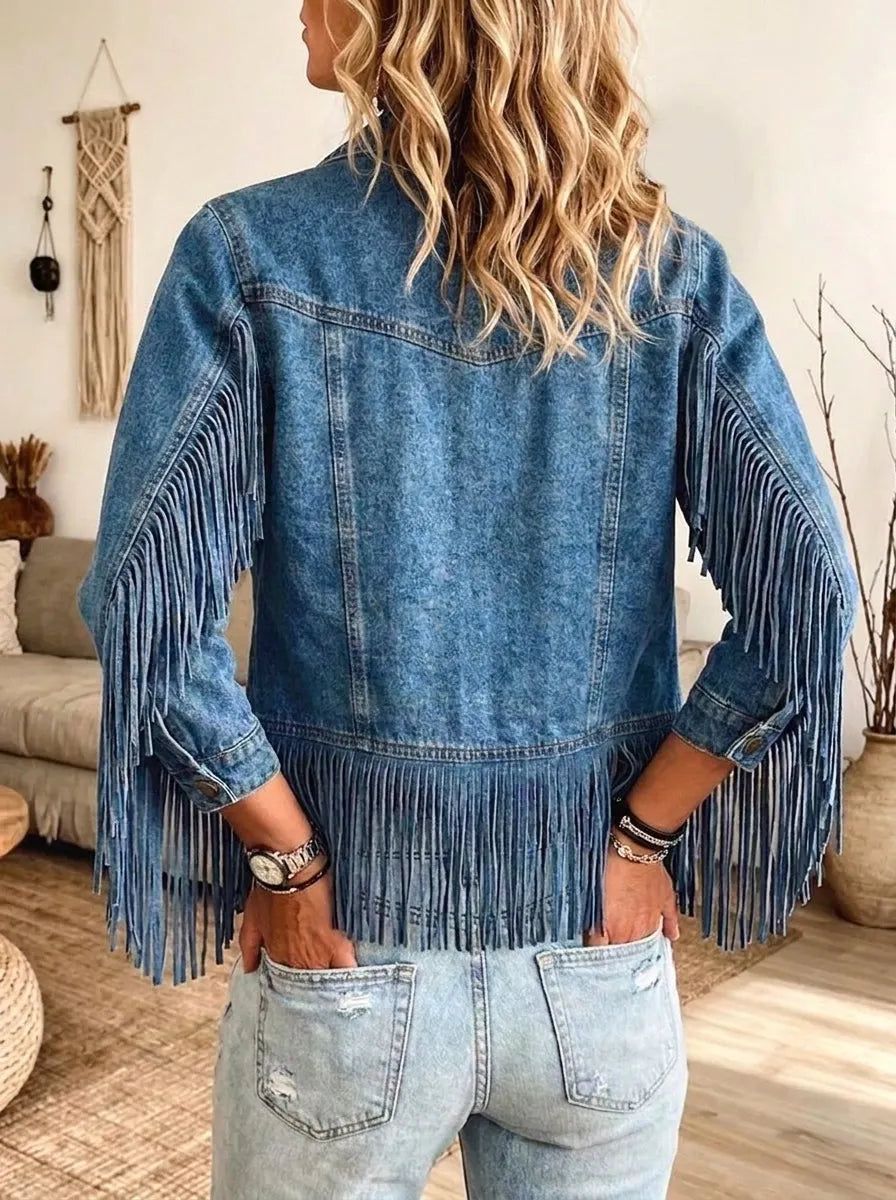 Women Cropped Fringe Denim Jacket Western Button‐Up Vintage Outerwear