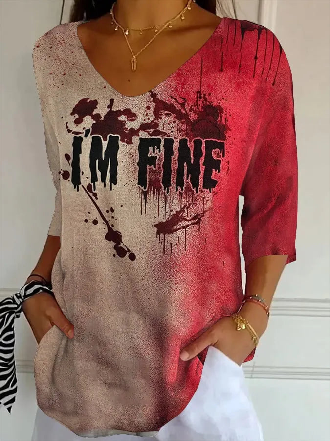 Women's Bloody Problem Solved Halloween Print Striped Fabric Casual V-Neck T-Shirt  e2b4