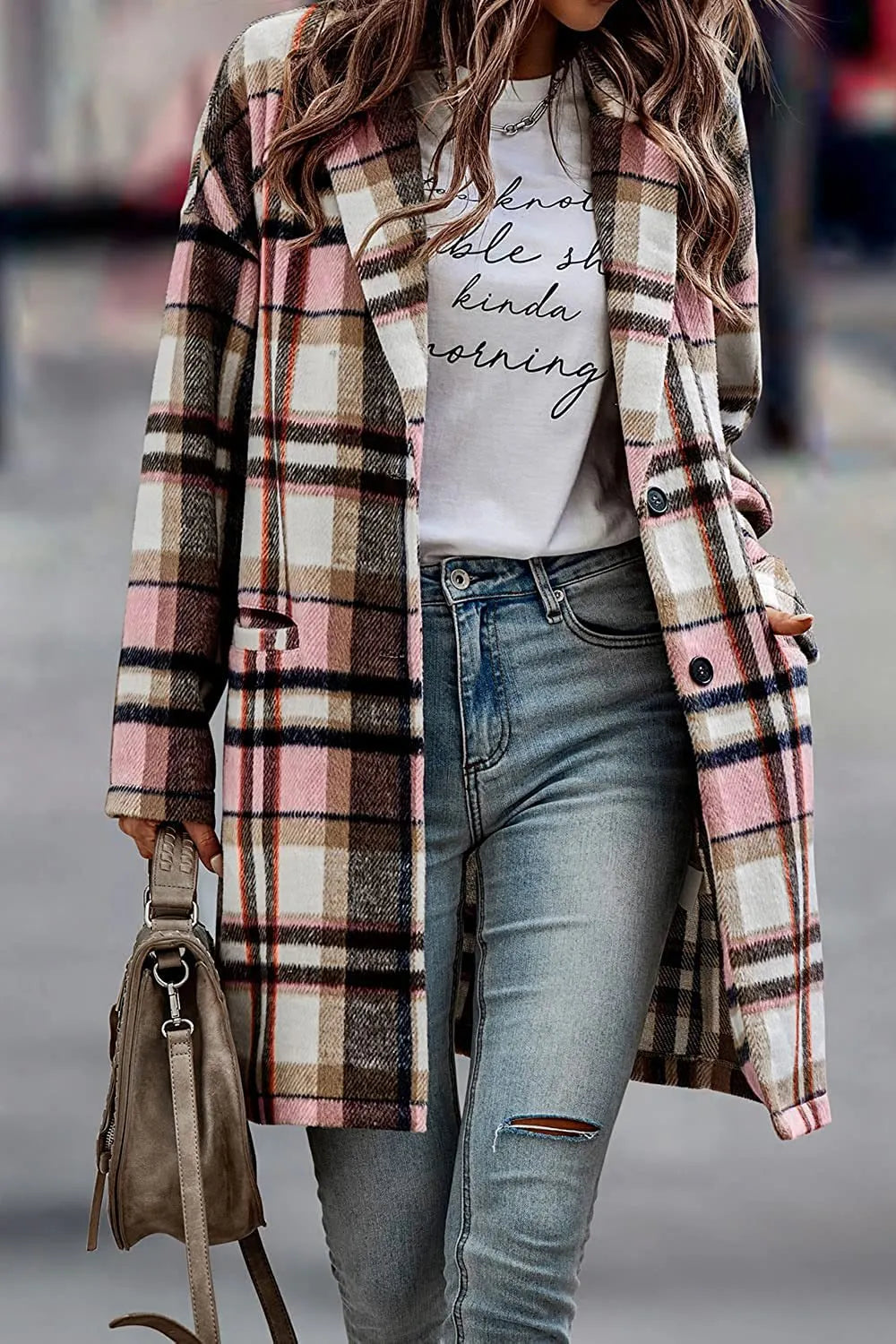 Women Plaid Notched Lapel Mid‐Length Wool Blend Coat, Casual Button Down Oversized Outerwear