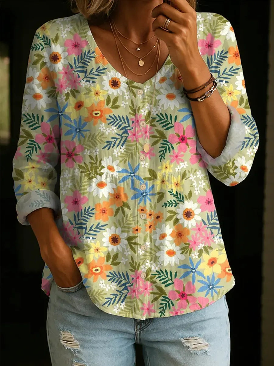 Women's Floral Pattern Art Print Casual Cotton Linen Shirt