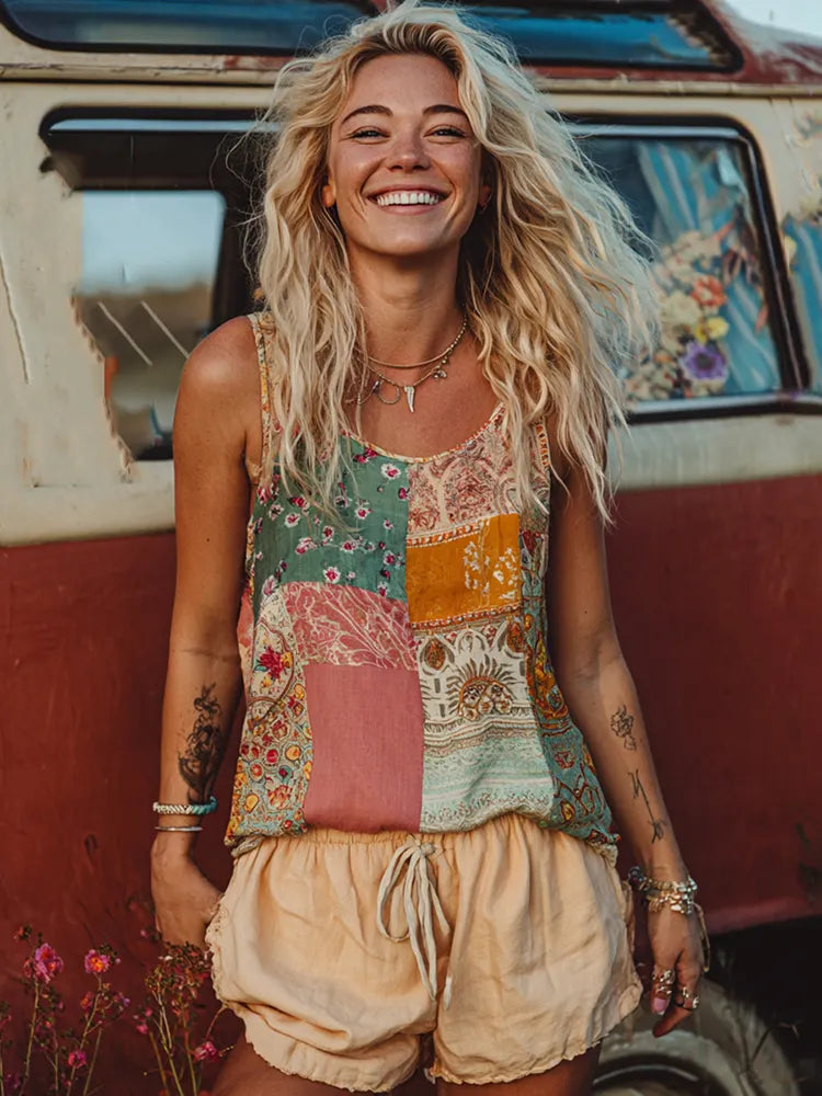 Countryside Style Collection Classy Patchwork Floral Pattern Art Linen Tank Top