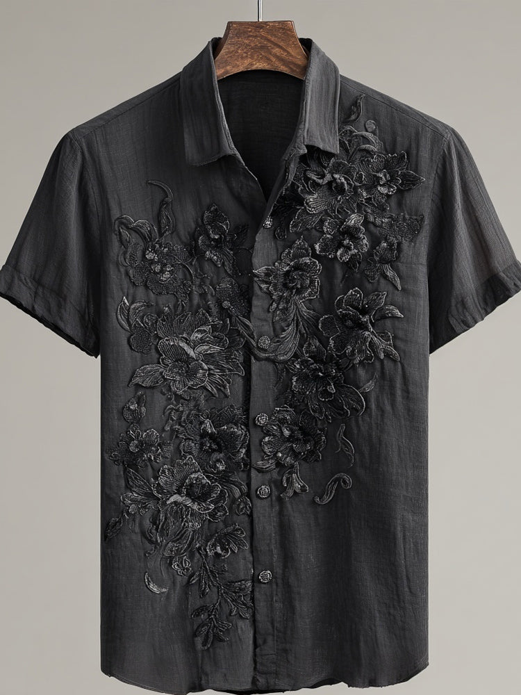 Men's Black Lace Flowers Embroidered Vintage Linen Shirt