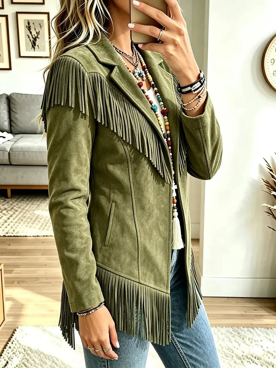 Women Collared Fringe Jacket