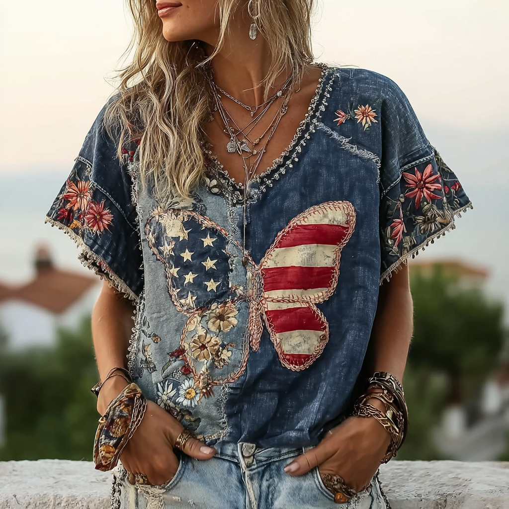 Vintage Butterfly And Flowers American Flag Linen T-shirt
