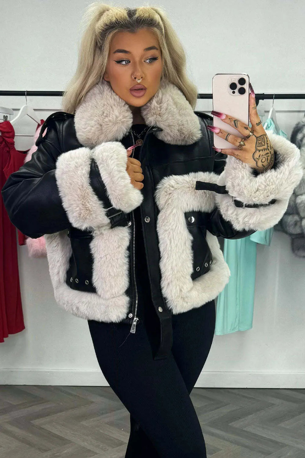 Faux Fur Trim Faux Leather Jacket Black