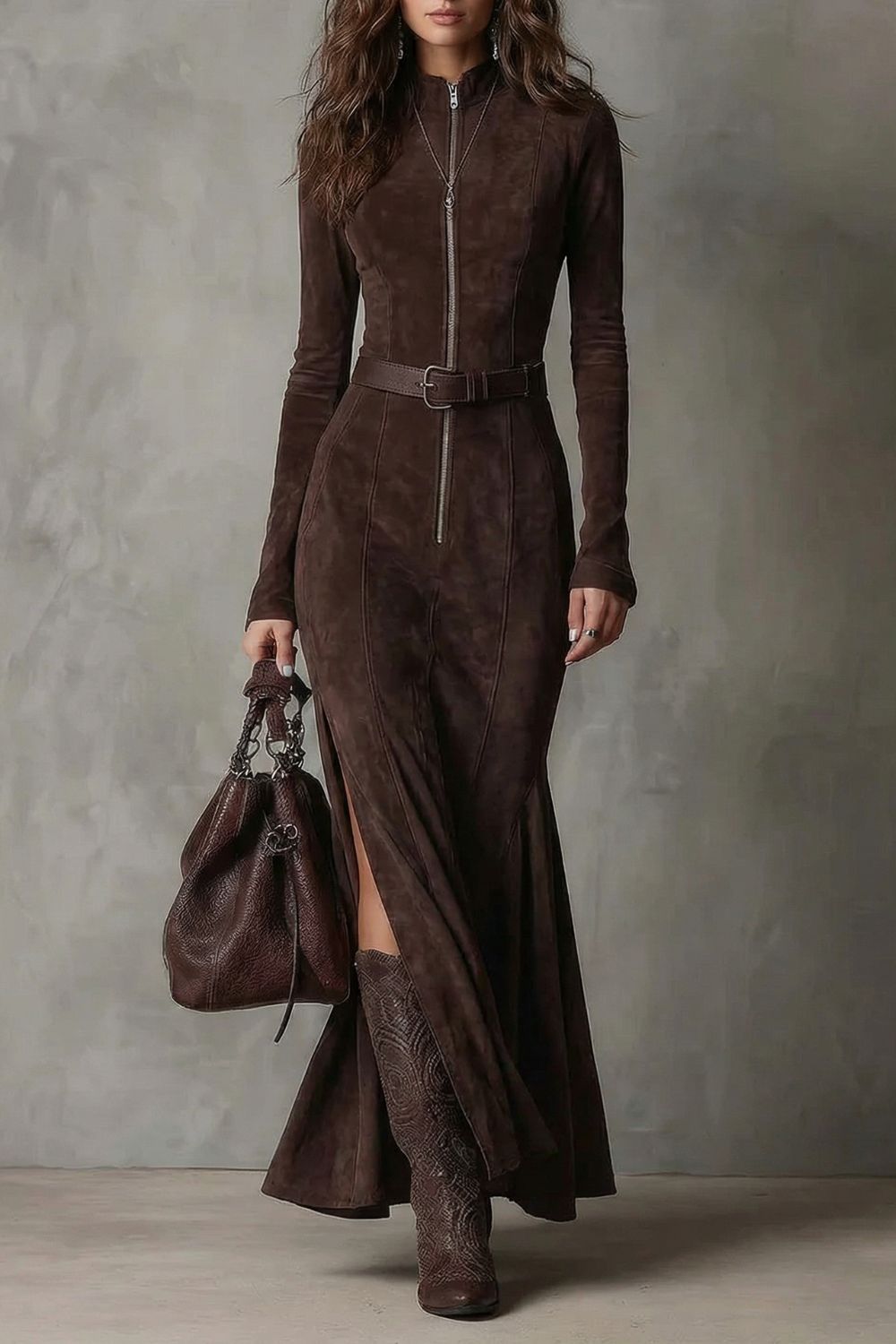 Belted suede style – Maxi zip dress（Includes belt）