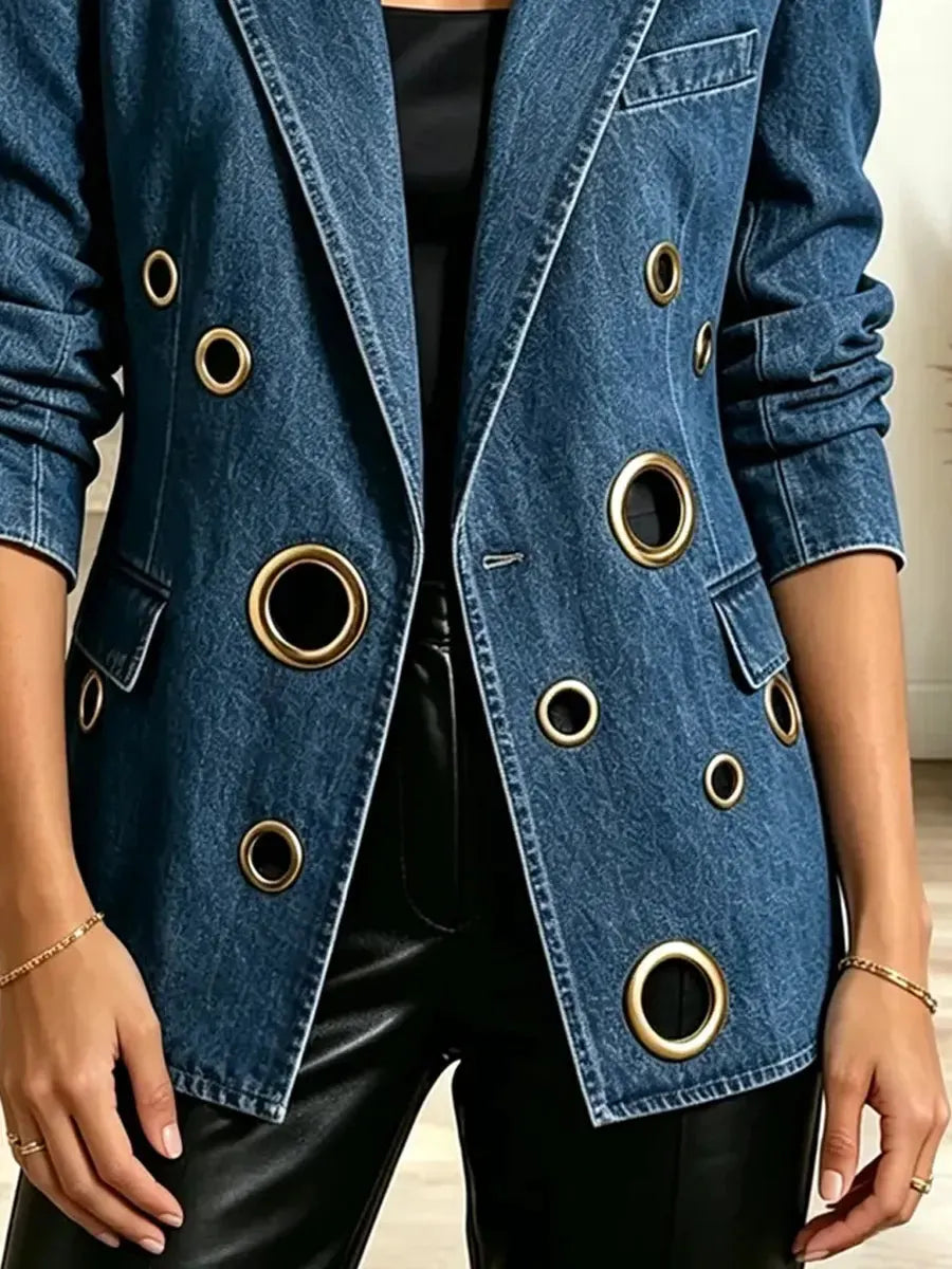 Retro Loose Cutout Lapel Casual Stylish Long Sleeve Denim Coat