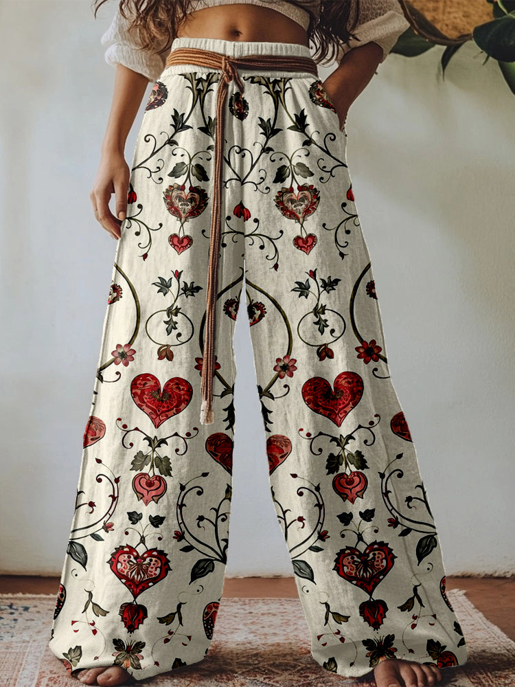 Vintage Floral Heart Pattern Linen Blend Casual Pants