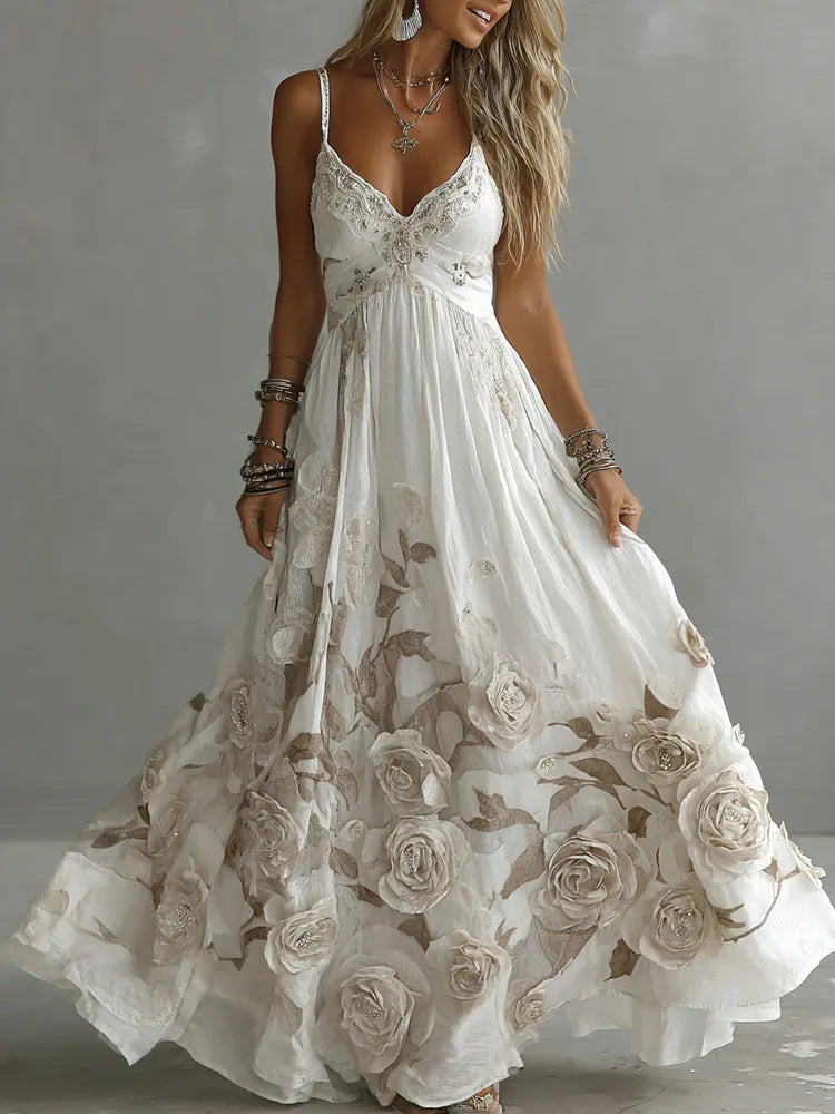 Women's Vintage Rose Embroidery Art V-neck Suspender Maxi Dress