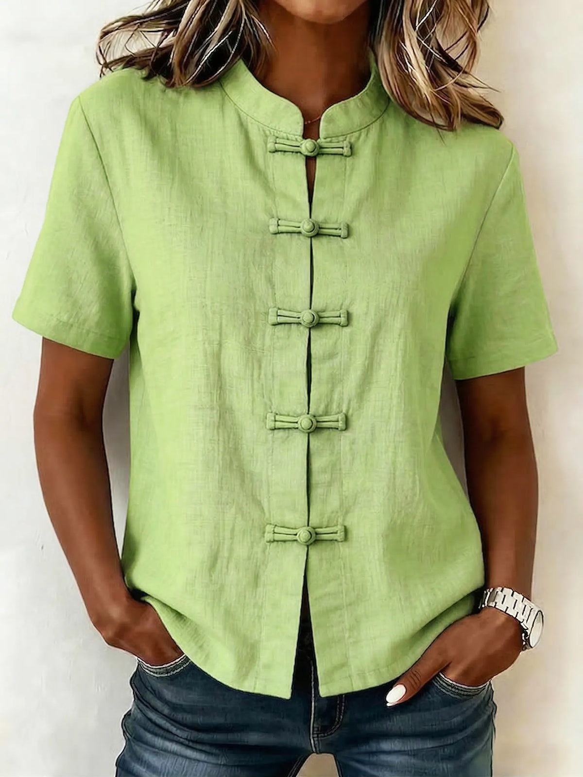 Casual Stand-up Collar Frog Buttons Cotton Linen Shirt