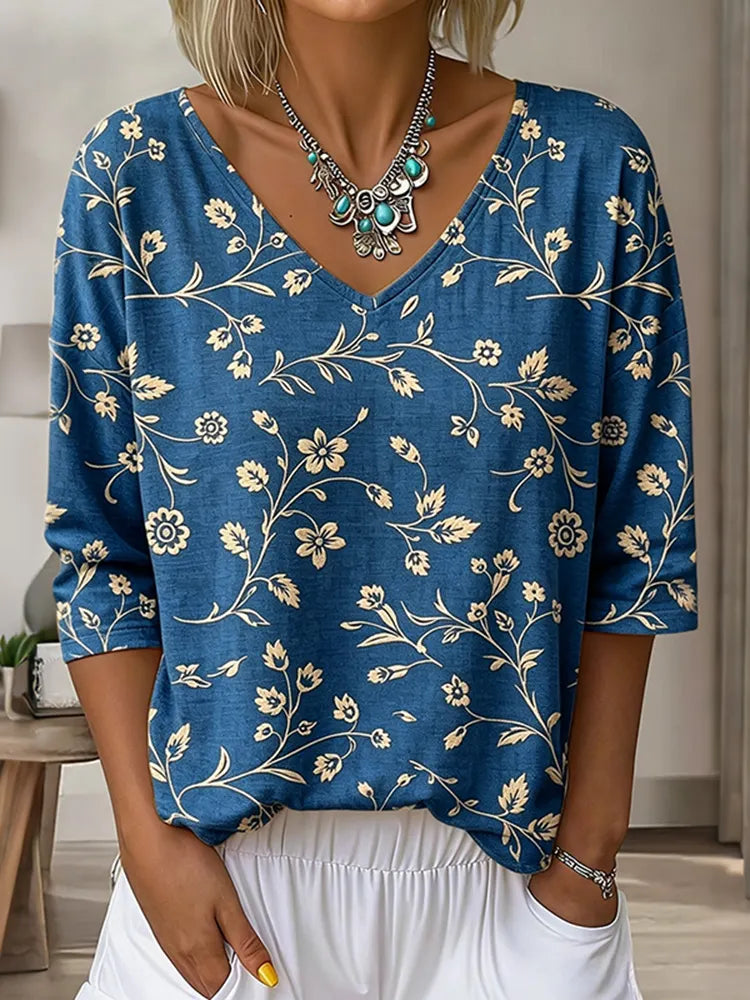 Women's Floral Art Print Flowy Linen Blend  Three-quarter Sleeve V Neck Linen Tops