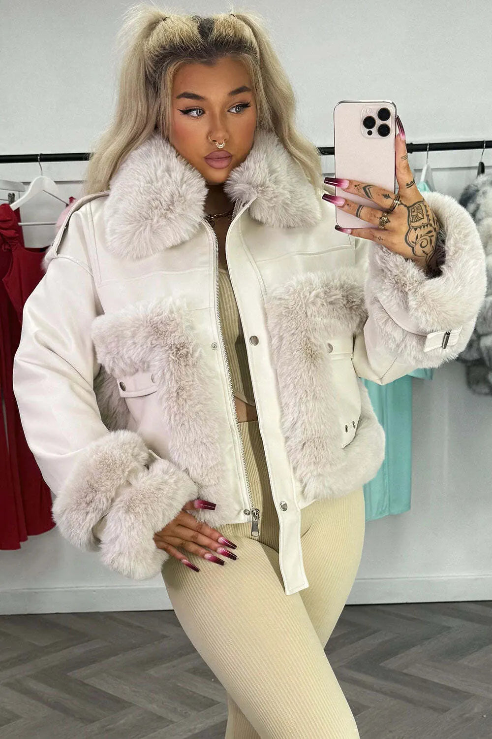 Faux Fur Trim Faux Leather Jacket Beige
