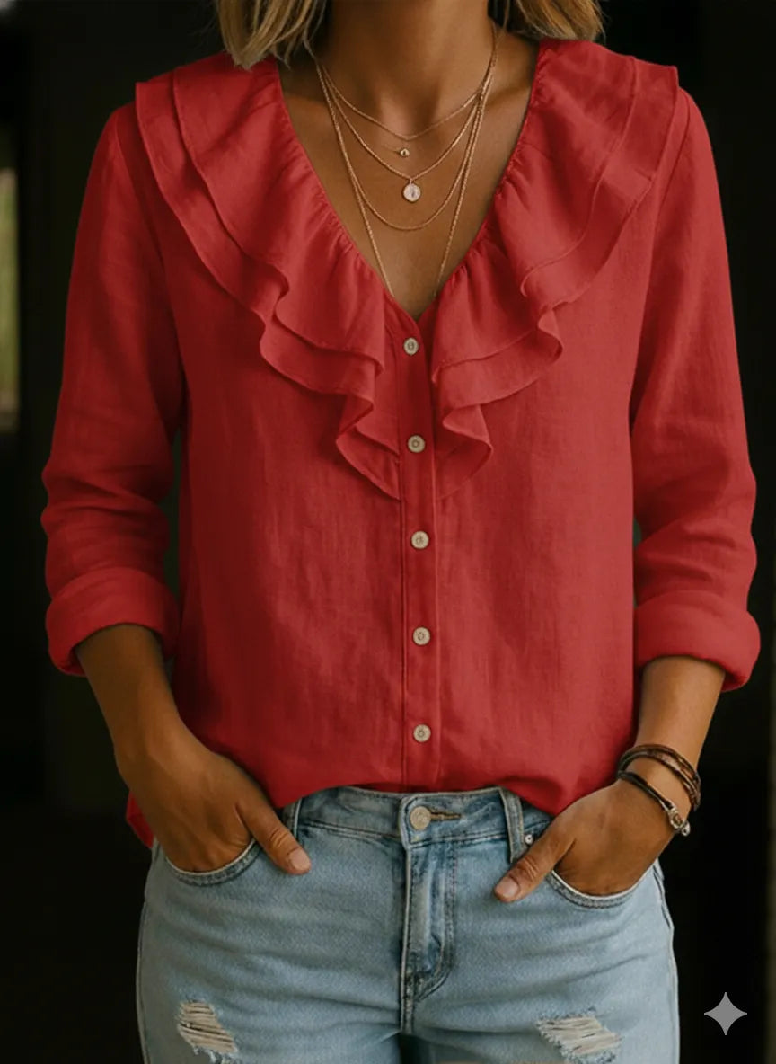 Women's Ruffled Collar Linen And Cotton Shirt