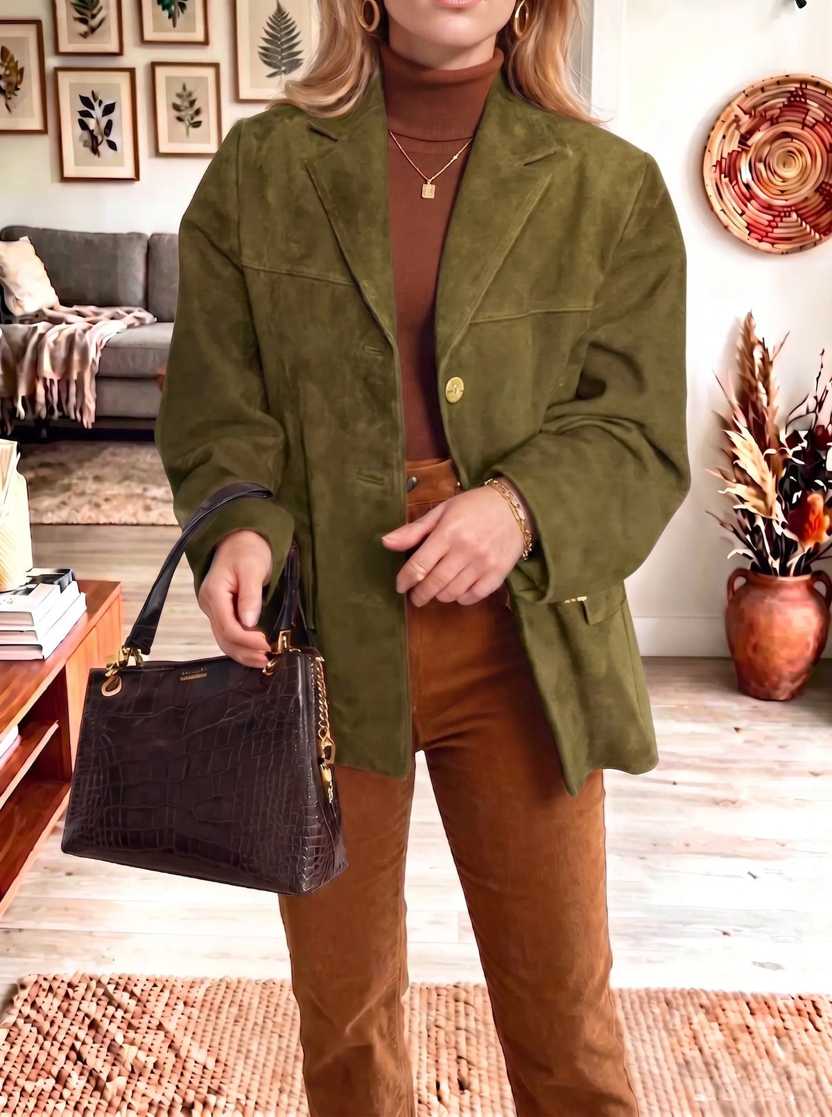 Vintage Suede Lapel Single‐Breasted Blazer Jacket Women Casual Coat