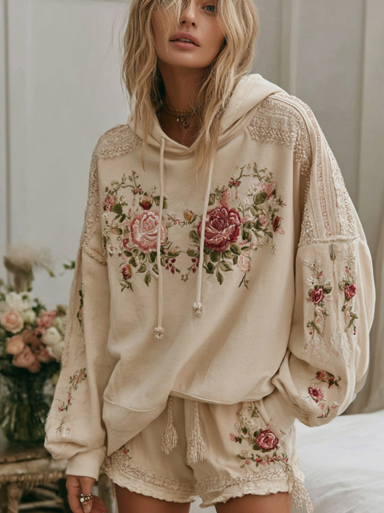 Women's Floral Embroidery Art Cozy Hooded Sweatshirt