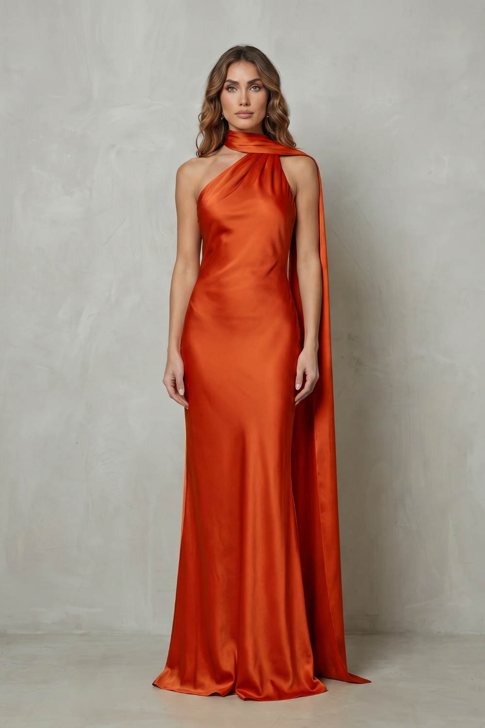 Draped neckline cascade – Satin mermaid gown
