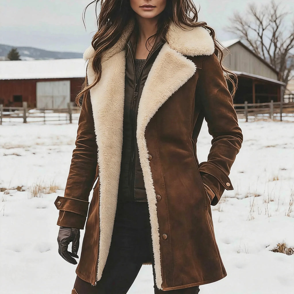 Women's Vintage Brown Suede Fleece Lapel Collar Mid-Length Shearling Coat Jacket