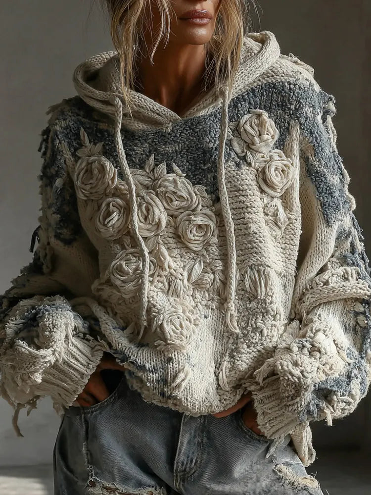 Women's Vintage White Rose Chunky Knit Hoodie Sweater