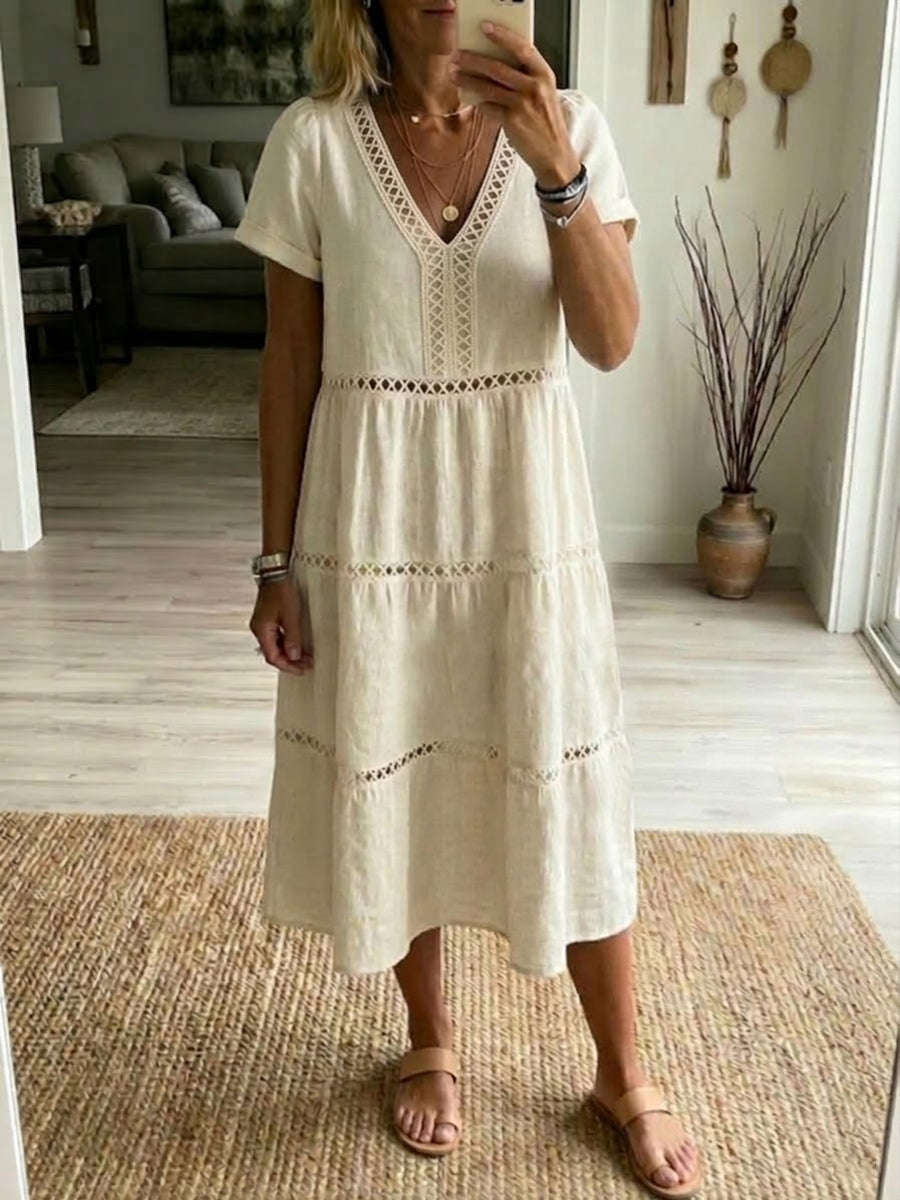 Casual Patchwork Openwork Ribbon Linen And Cotton Dress