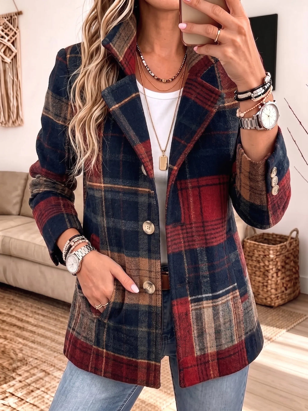 Women Plaid Blazer Notched Lapel Button Down Wool‐Blend Casual Jacket With Pockets
