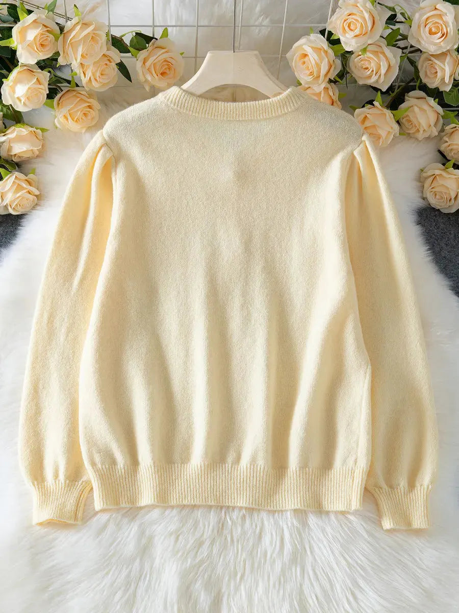 Retro Elegant Button Round Neck Art Casual Stylish Long Sleeve Knitted Sweater