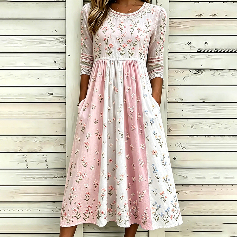 Women's Retro Rose Art Embroidery Color Block Splicing Comfortable Cotton Linen Round Neck Dress