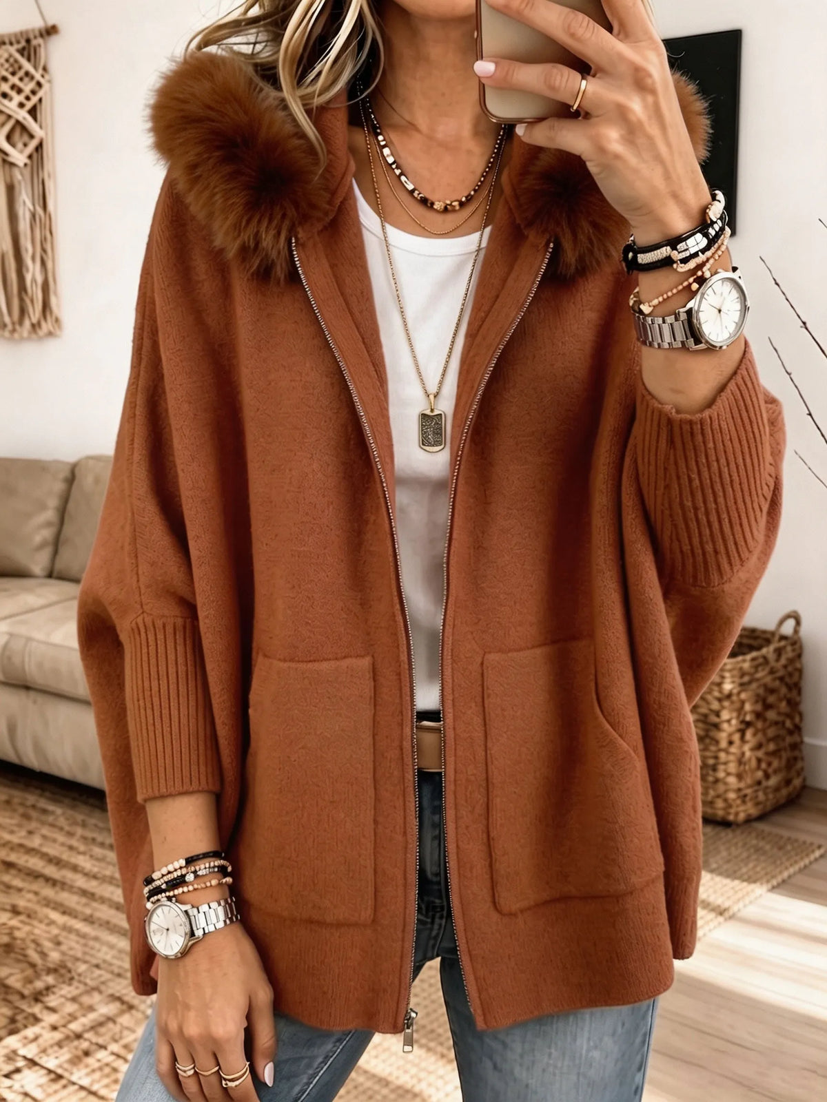 Women Furry Hood Zip‐Up Knit Cardigan, Oversized Cozy Knitted Jacket With Pockets