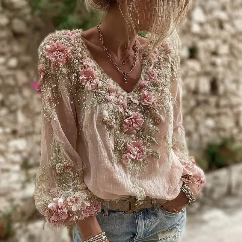 Women's Pink Floral Embroidery Art V-neck Long Sleeve Linen Blend T-shirt