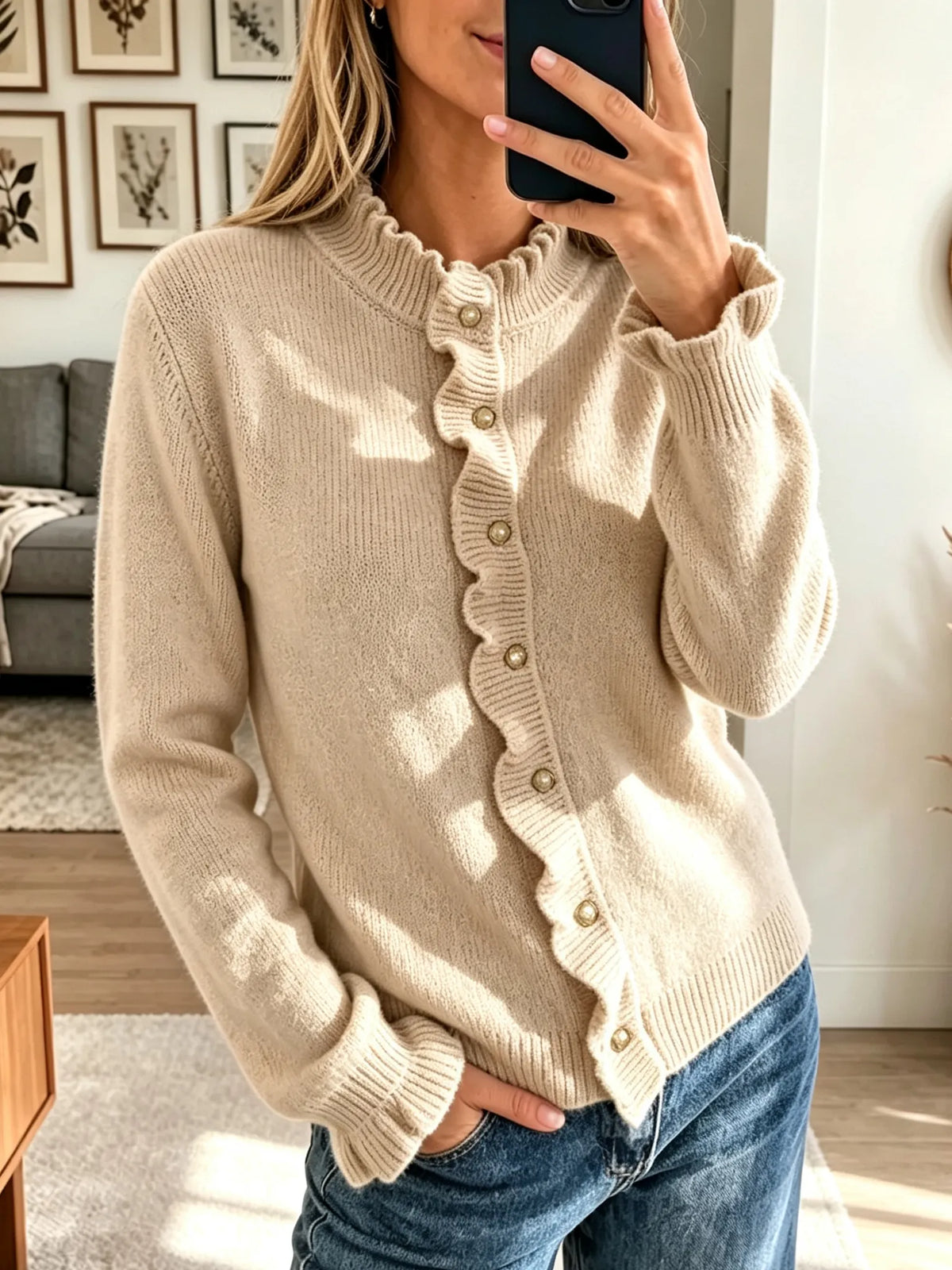 Women's Scalloped Ruffle Trim Knit Cardigan