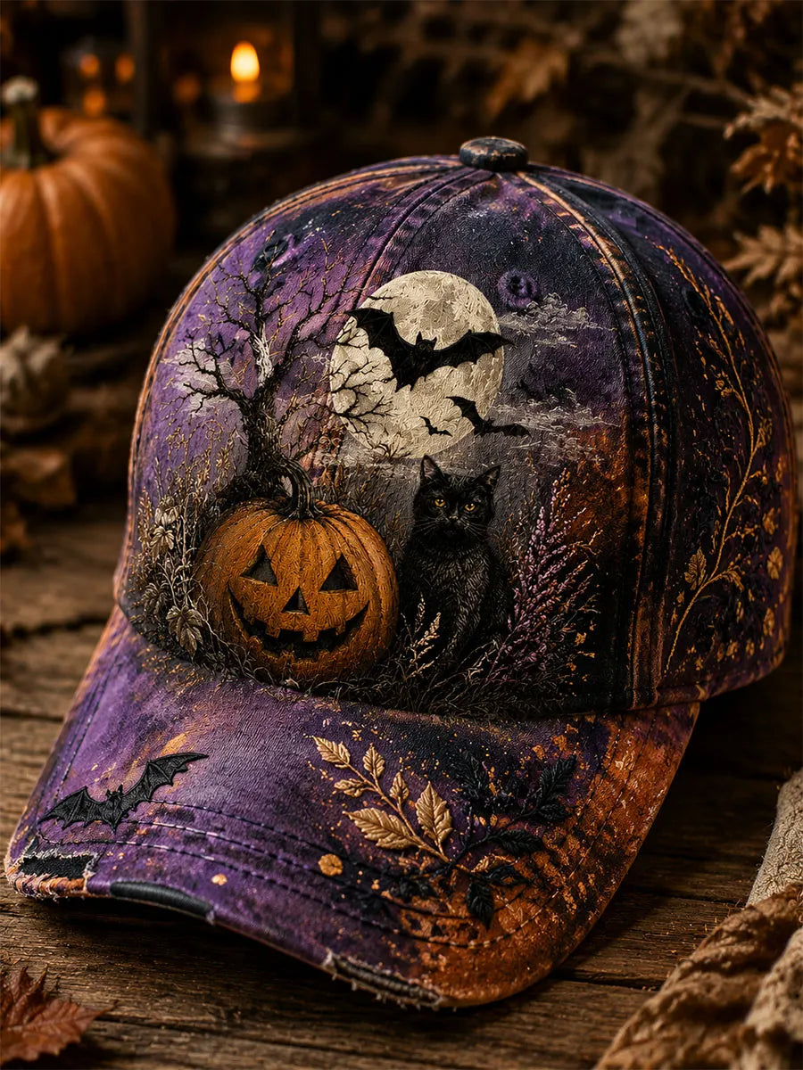 Purple Night Black Cat Pumpkin Moonlight Vintage Baseball Cap