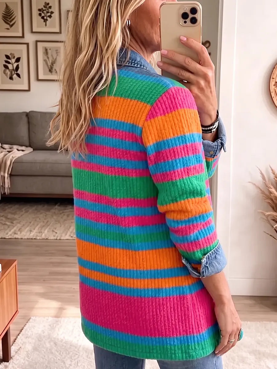 Vintage Elegant Denim Patchwork Color-blocked Stripes Jacket
