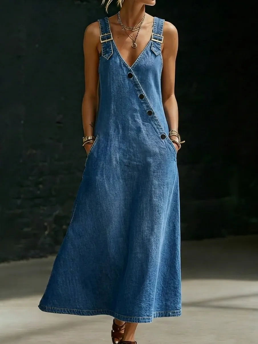 Casual Button-up Shoulder Straps Denim Dress