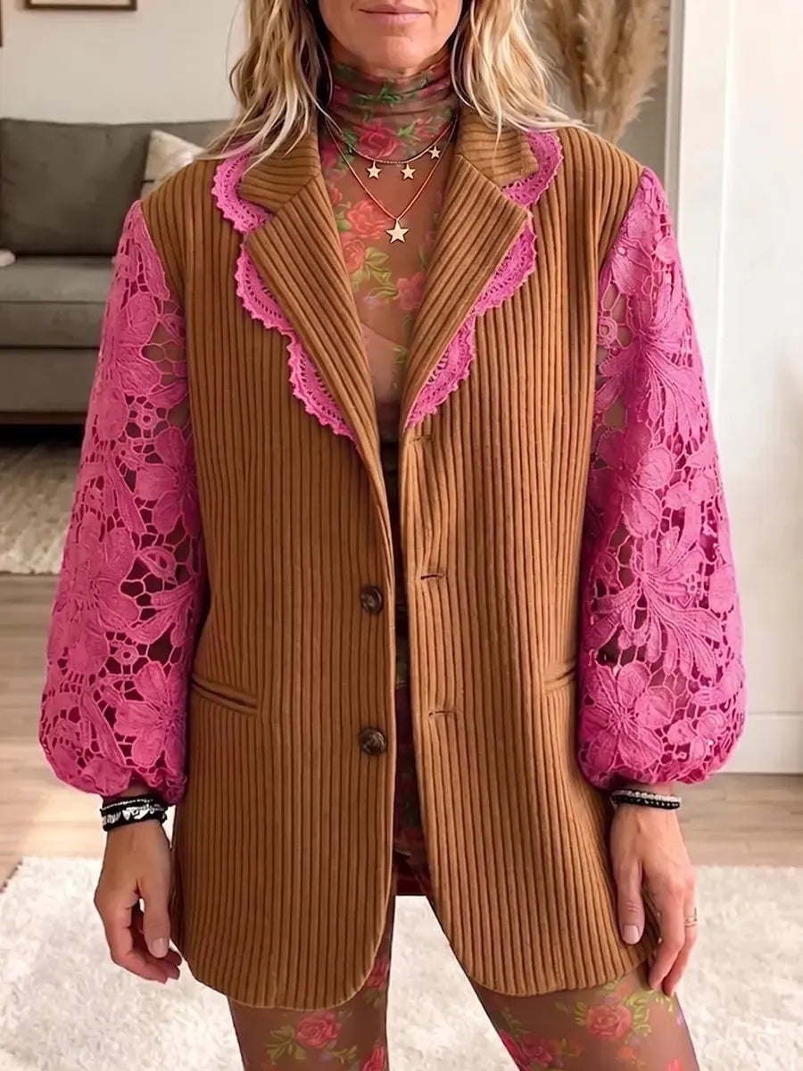 Vintage Elegant Hollowed-out Floral Lace Color-blocked Oversized Suit Jacket