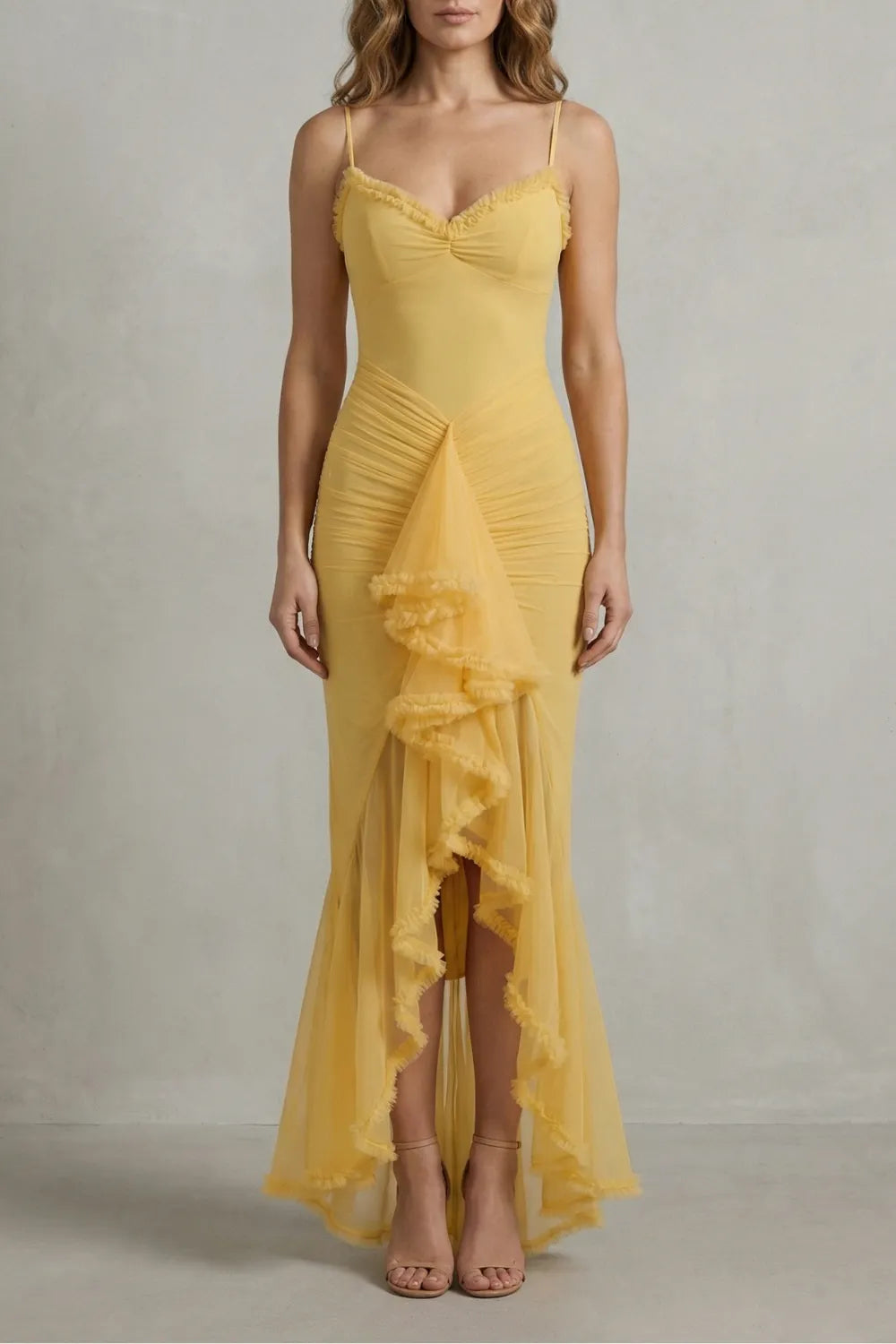 Feminine ruffle allure – Sleeveless high low maxi dress