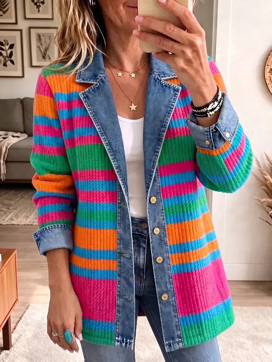 Vintage Elegant Denim Patchwork Color-blocked Stripes Jacket