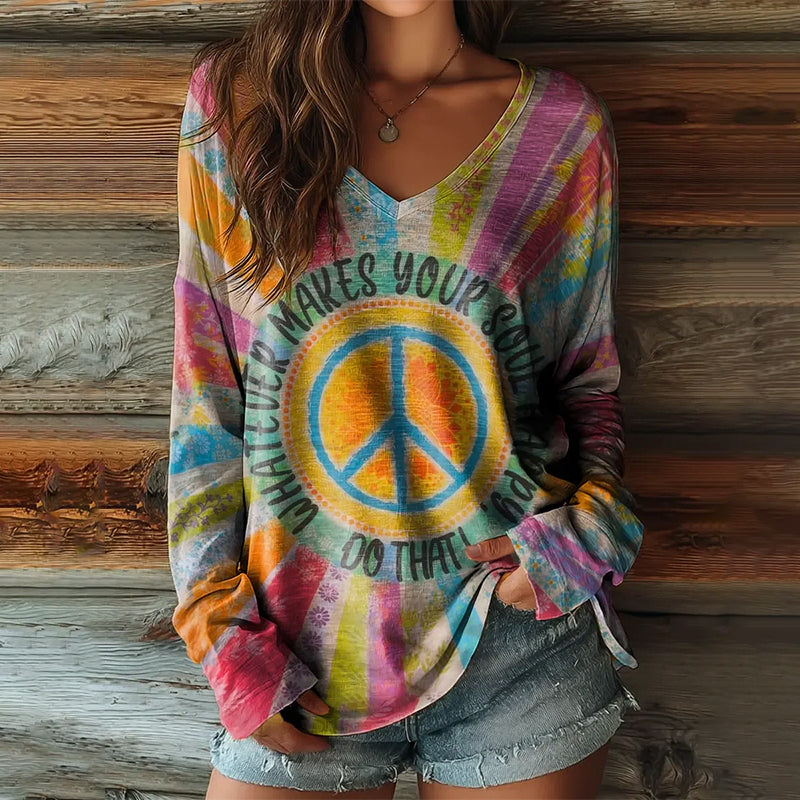 Women's Retro Colorful Hippie Art Print Casual V-neck Long-sleeve T-shirt