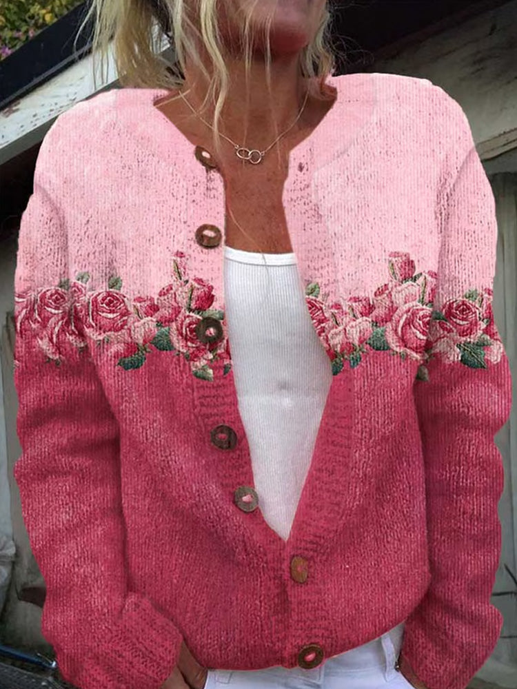 Women's Pink Floral Pink Awareness Print Buttoned Cardigan Sweater