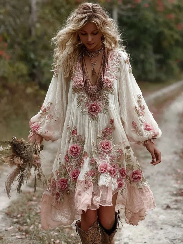 Women's Vintage Floral Embroidery Art Comfy Linen Maxi Dress