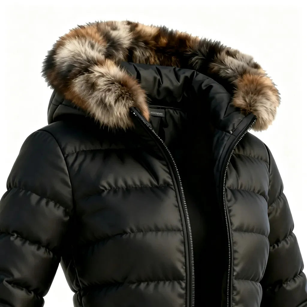 Women's Elegant Warm Winter Jacket With Faux Fur Hood