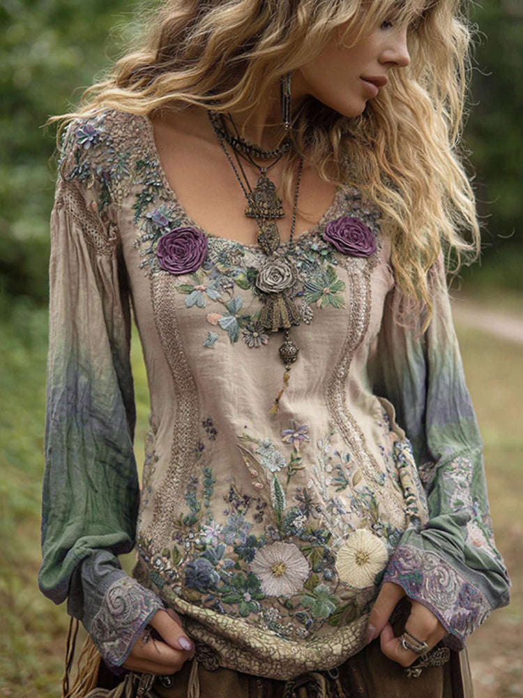 Classy Gradient Purple Lavender And Floral Embroidered Linen Long Sleeve Shirt