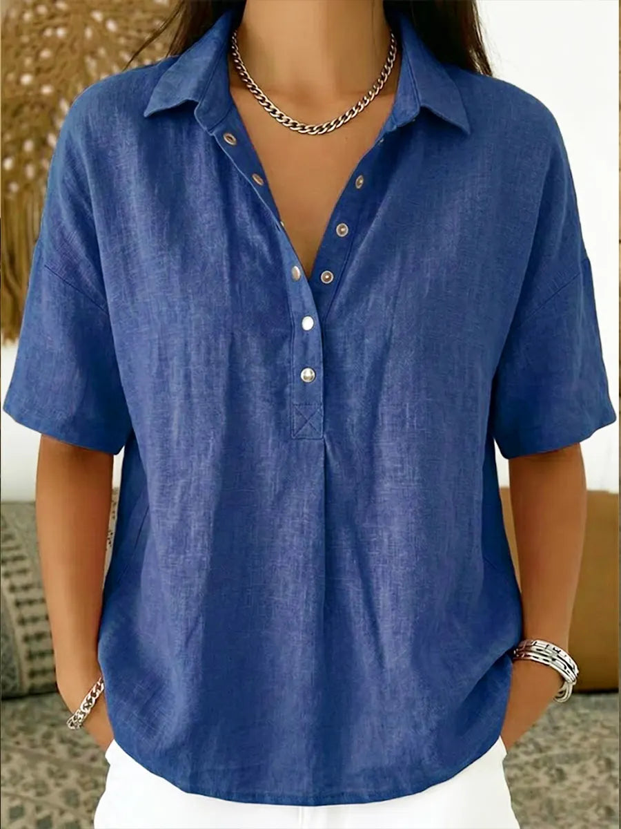 Casual Polo Collar Short-sleeved Linen And Cotton Shirt