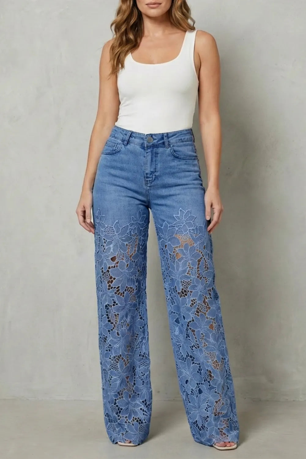 Floral lace overlay – Wide-leg denim jeans