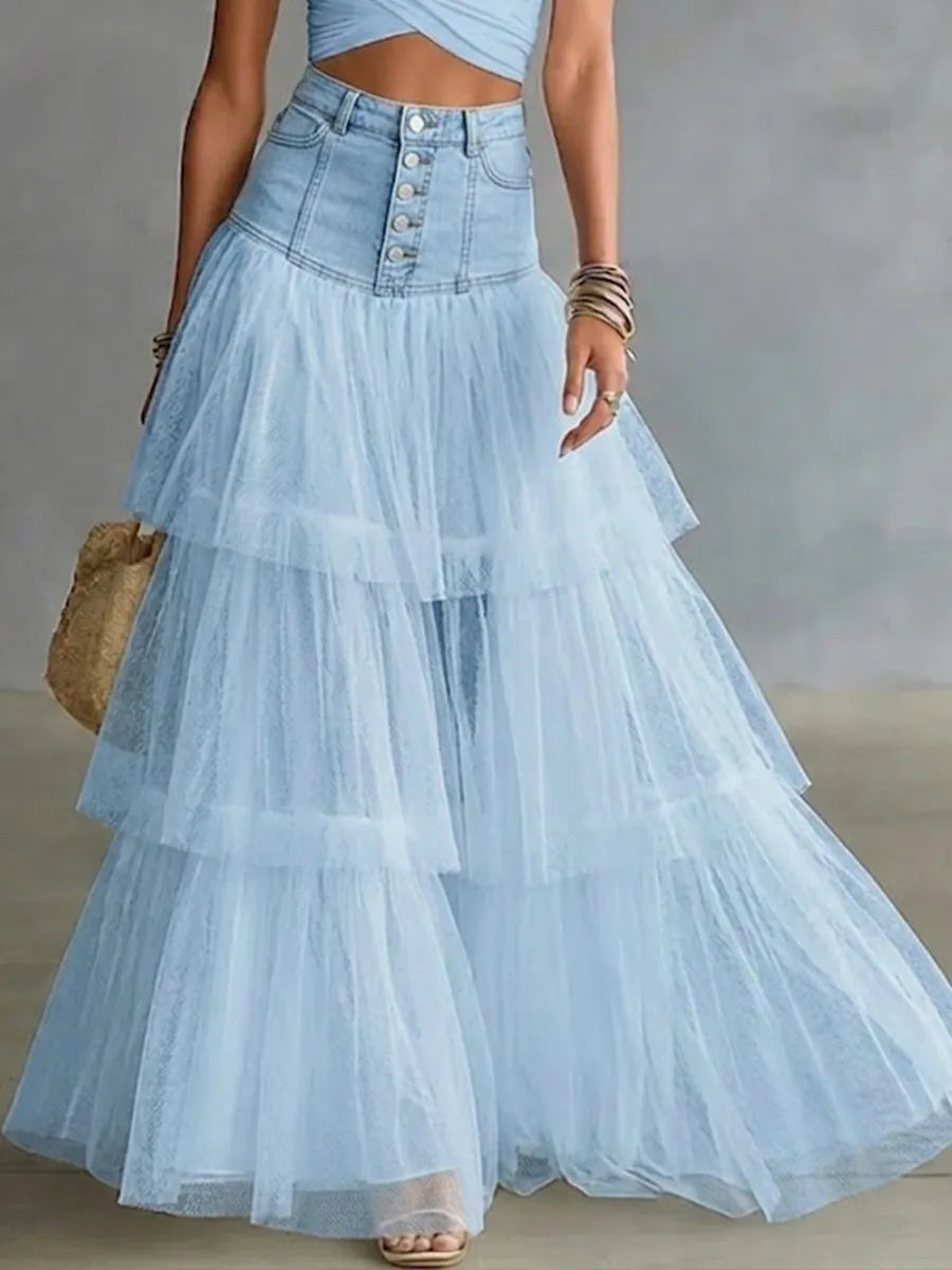 Stylish Casual Spliced mesh Denim Skirt