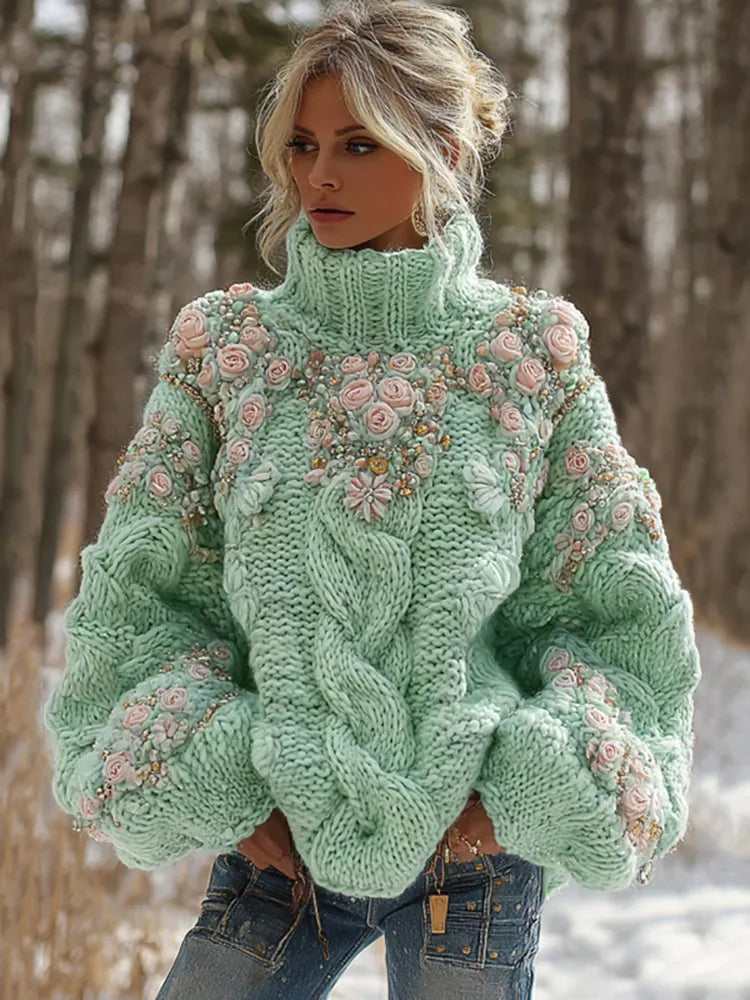 Women's Vintage Embroidery Rose Art Knit Cozy High Neck Sweater